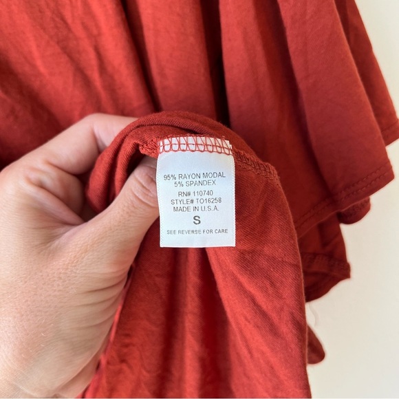 Emelia Oversized Tie Front Flutter Sleeve Top Rust Red Small Made in USA Modal - Picture 4 of 11